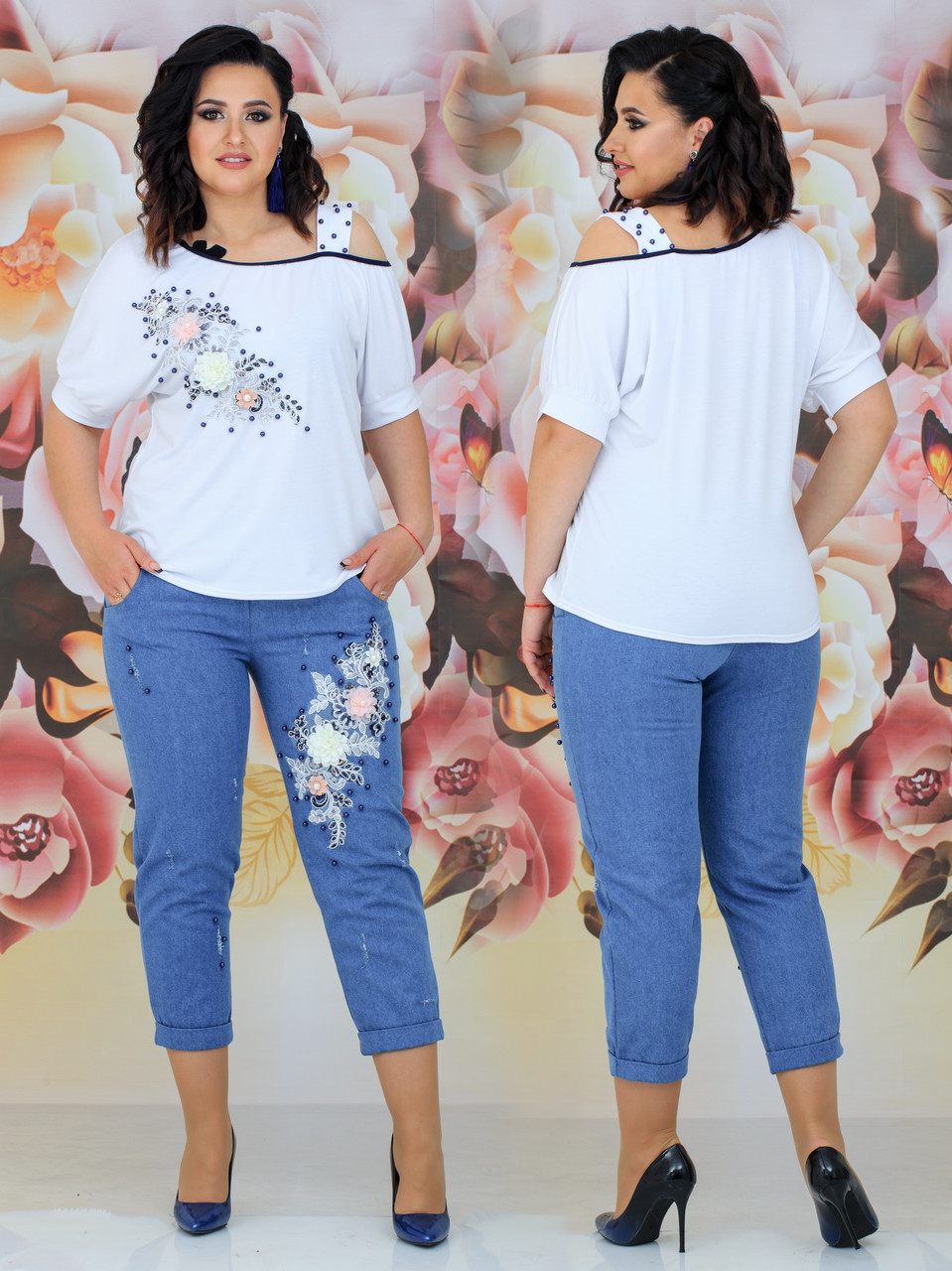 Женский стильный комплект футболка и джинсы с аппликацией цветов и жемчуга, батал большие размеры - фото 1 - id-p10411368