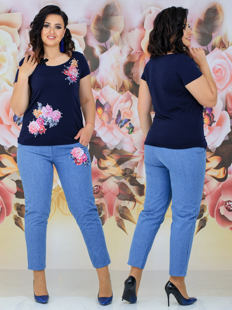 Женский стильный комплект футболка и джинсы с аппликацией цветов и жемчуга, батал большие размеры - фото 1 - id-p10411369