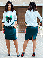Женский красивый деловой костюм: блузка с оригинальной аппликацией и юбка-футляр, батал большие размеры