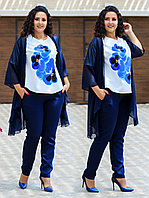 Женский стильный костюм тройка: накидка из шифона, штаны и блуза короткий рукав, батал большие размеры