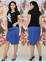 Женский стильный комплект футболка и джинсовая юбка с аппликацией цветов и жемчуга, норма и большие размеры