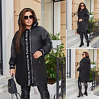 Стильная женская длинная куртка ветровка из лаковой плащевки на флисе с капюшоном, батал большие размеры