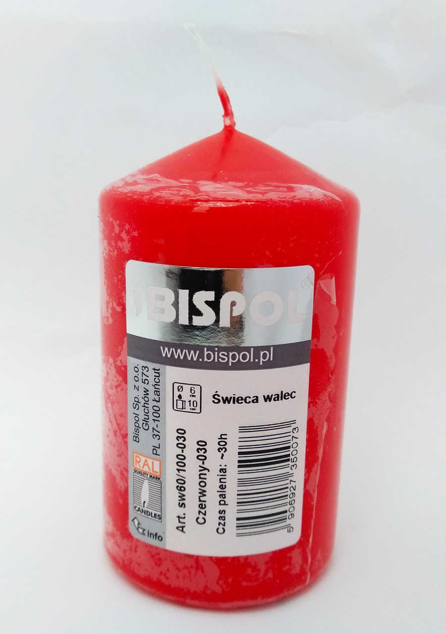 Свеча столбик красный Bispol Польша 10*6 см 30 часов - фото 1 - id-p10412939
