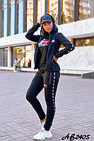 Женский зимний теплый спортивный костюм тройка: кофта с капюшоном, футболка и штаны