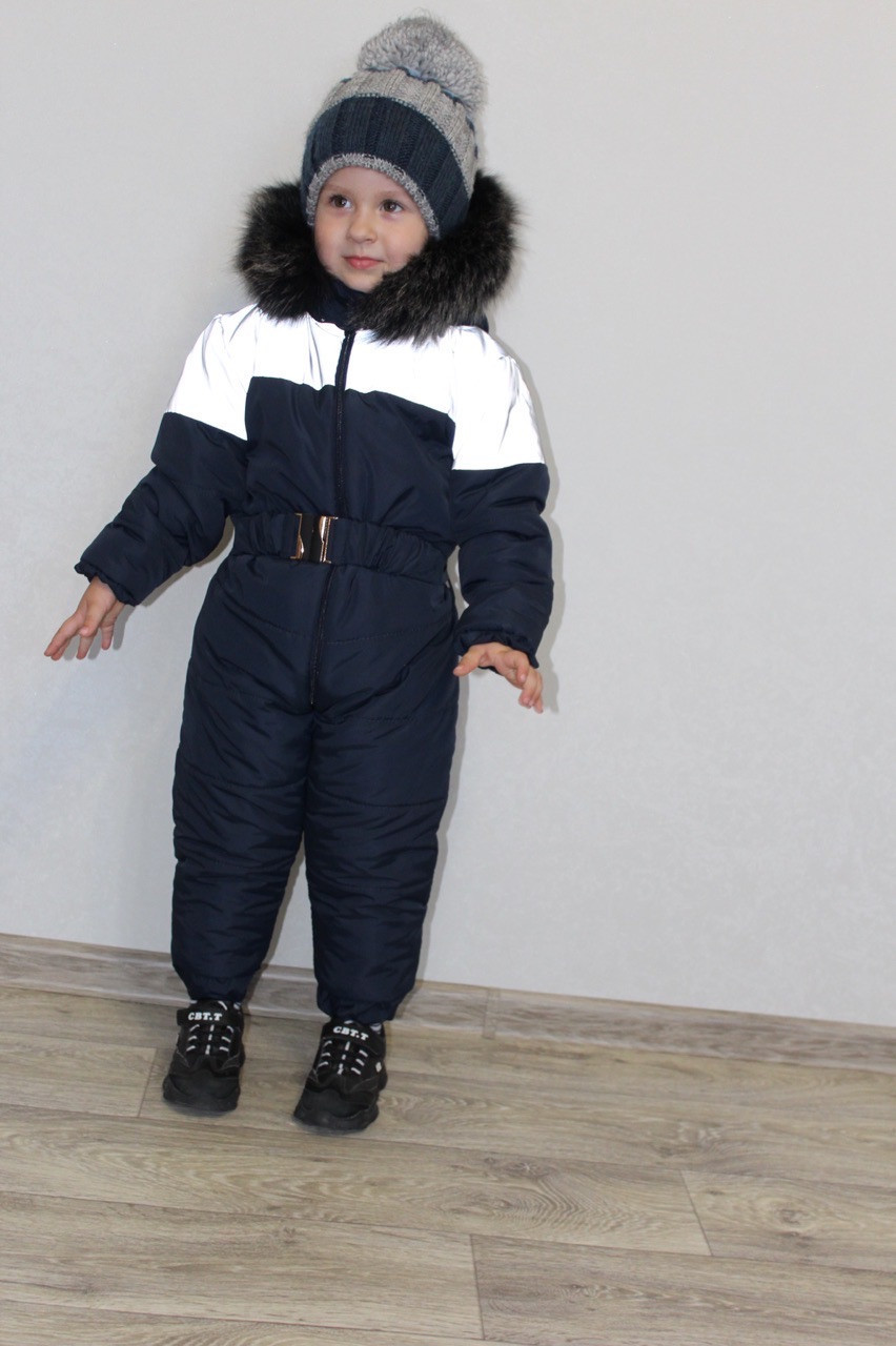 Утепленный осенне-зимний детский комбинезон на синтепоне с капюшоном с опушкой, плащевка светоотражающая - фото 1 - id-p10418734