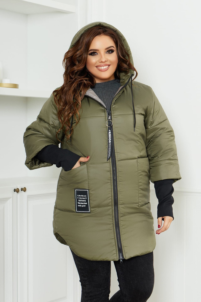 Женская теплая стеганная осенне-зимняя куртка на синтепоне с довязанными рукавами, батал большие размеры - фото 1 - id-p10420535