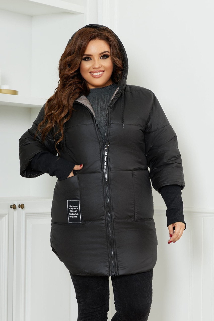Женская теплая стеганная осенне-зимняя куртка на синтепоне с довязанными рукавами, батал большие размеры - фото 1 - id-p10420589