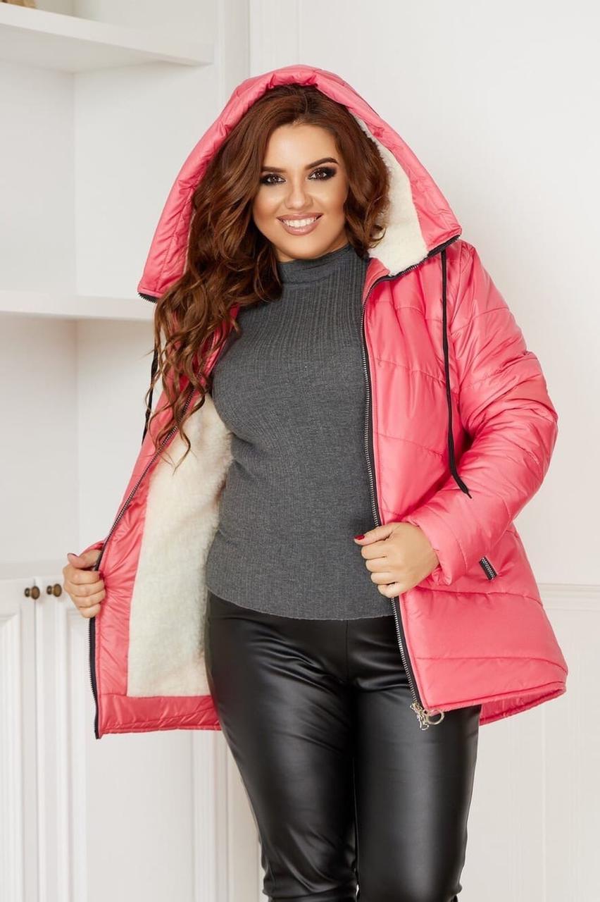 Женская теплая стеганная осенне-зимняя куртка на синтепоне с овчиной, батал большие размеры - фото 1 - id-p10420658
