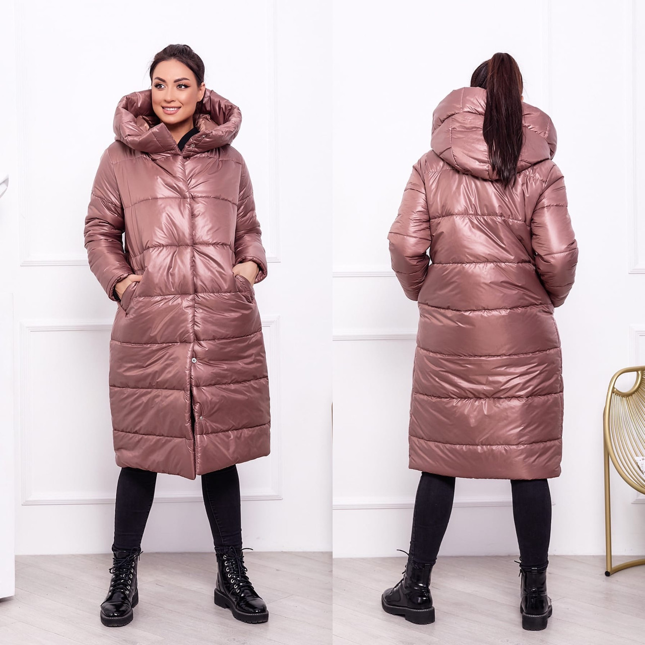 Женская теплая стеганная осенне-зимняя куртка-пальто на синтепоне, с капюшоном, батал большие размеры - фото 1 - id-p10420793