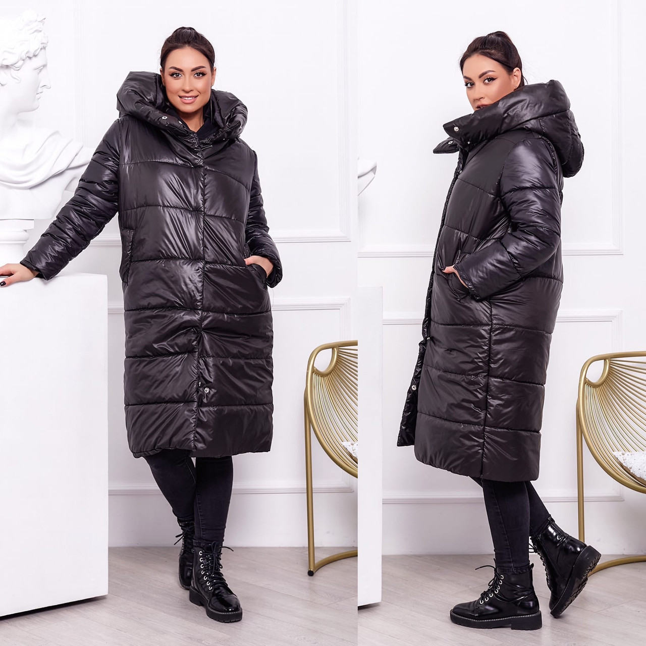 Женская теплая стеганная осенне-зимняя куртка-пальто на синтепоне, с капюшоном, батал большие размеры - фото 1 - id-p10420794