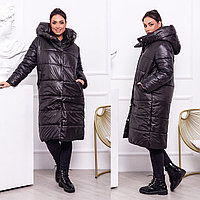 Женская теплая стеганная осенне-зимняя куртка-пальто на синтепоне, с капюшоном, батал большие размеры