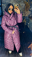 Модное женское зимнее непромокаемая длинное пальто-куртка с капюшоном и пояском