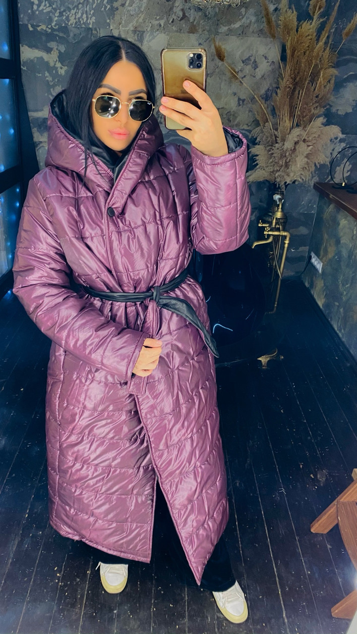 Модное женское зимнее непромокаемая длинное пальто-куртка с капюшоном и пояском - фото 1 - id-p10420902