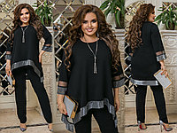 Женский нарядный костюм: свободная блуза-туника с блестящим подолом и брюки, батал большие размеры