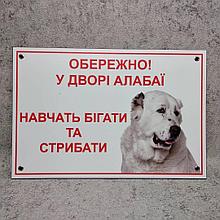 Табличка Осторожно, во дворе Алабаи. Научат бегать и прыгать.