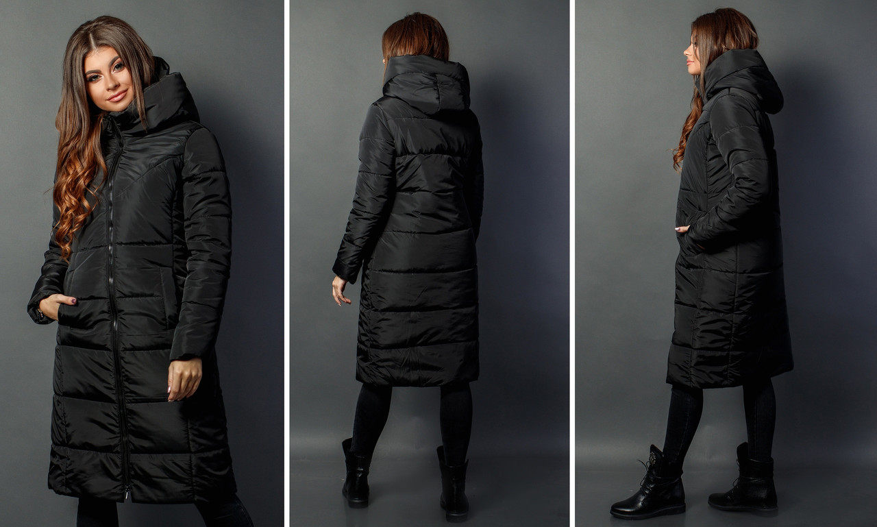 Теплое женское зимнее стеганное непромокаемая пальто-куртка с высоким капюшоном - фото 1 - id-p10442959