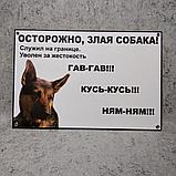 Табличка Осторожно, злая собака. Служил на границе. Уволен за жестокость. Белая, фото 2