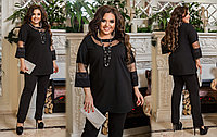Красивый женский нарядный костюм: блуза-туника со вставками сетки с черными брюками, батал большие размеры