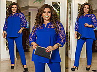 Красивый женский нарядный костюм: блуза-туника со вставками сетки с брюками, батал большие размеры