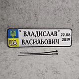 Именной Номер на коляску с датой рождения и городом (Герб UA) 28х8 см, фото 4