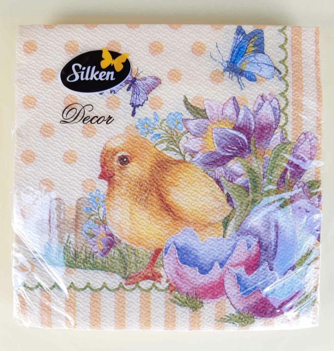 Салфетки пасхальные бумажные Silken цыпленок с бабочками 2 слоя 16 штук - фото 1 - id-p10452160