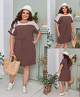 Летнее льняное платье со шнурком по талии и кружевной вставкой сверху, батал большие размеры