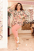 Женский красивый летний костюм: шифоновая блуза в цветы и укороченные брюки, батал большие размеры