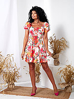 Красивое котоновое платье клеш в цветочный принт с глубоким вырезом