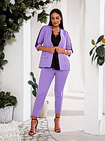 Стильный элегантный женский деловой костюм тройка: укороченные брюки, блуза и пиджак, батал большие размеры