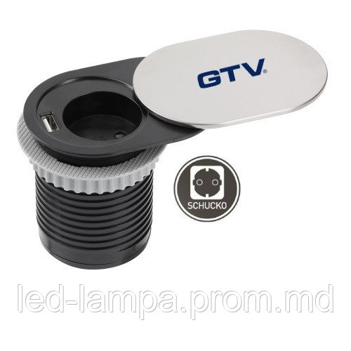 Удлинитель GTV, встраиваемый, SLIDE, 1 гнездо, 1 USB х 2.4A 5V, провод 1.9 м, серебристый, SCHUKO - фото 1 - id-p10513177