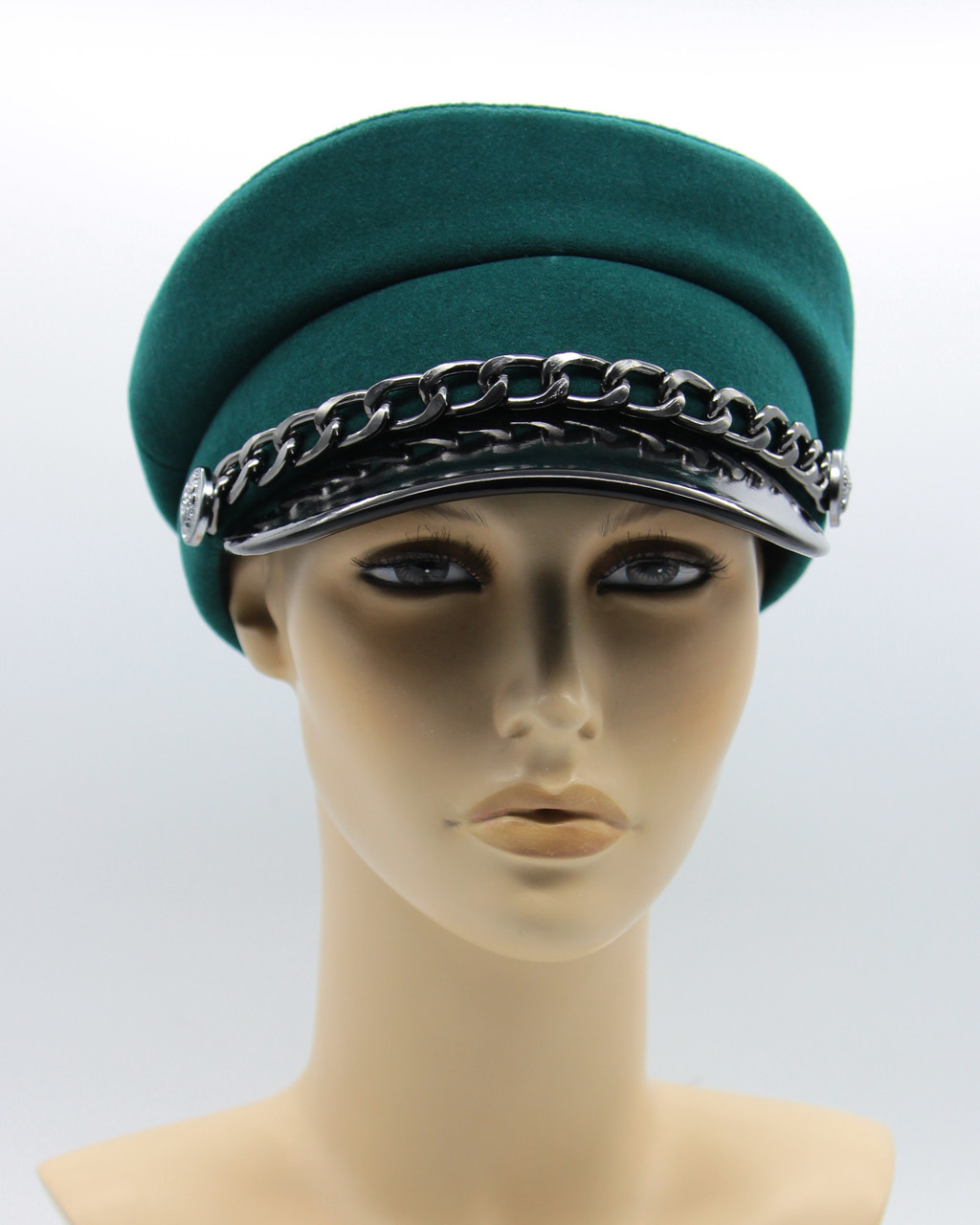 Кепка фуражка бретонская женская из кашемира зеленая с цепью и лаковым козырьком - фото 1 - id-p10515151