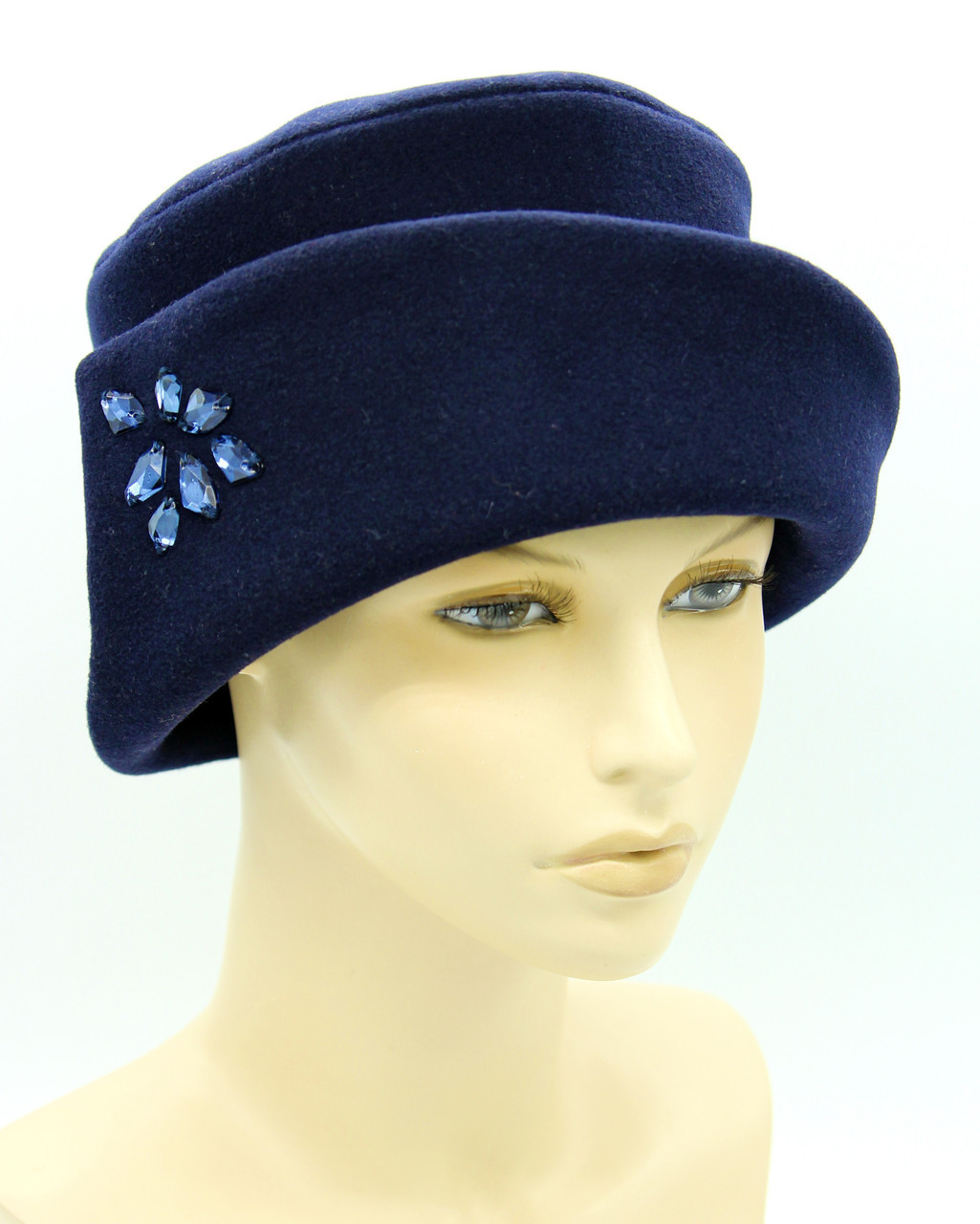 Женская шляпка кашемировая с полями и стразами синяя - фото 1 - id-p10515164