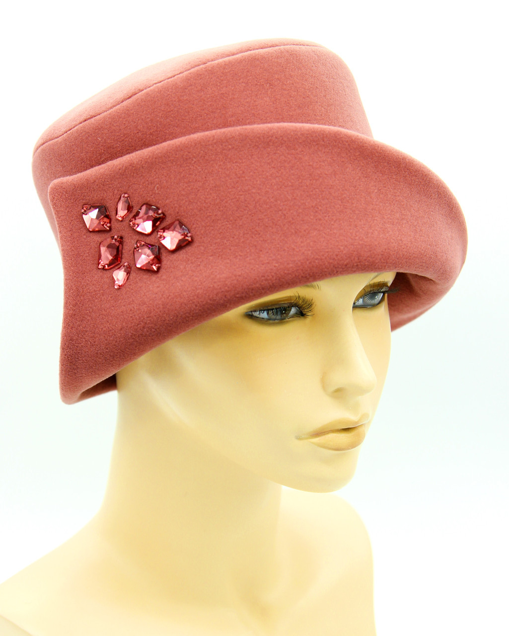 Женская шляпка кашемировая с полями и стразами бледно бордовая - фото 1 - id-p10515165