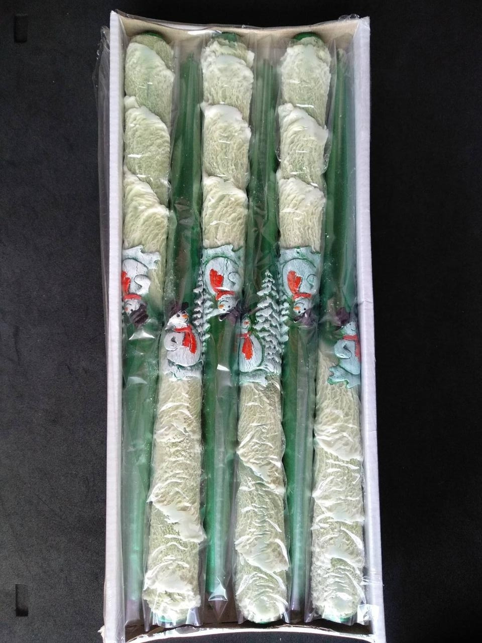 Свечи декоративные новогодние зеленые 30 см со снежком - фото 1 - id-p5225175