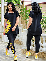 Стильный женский летний костюм: удлиненная футболка-туника с цветочным принтом и штаны, батал большие размеры