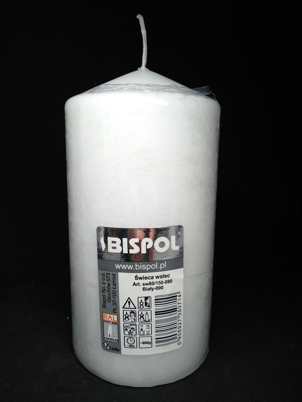 Свеча столбик белый Bispol 80/150 мм 66 часов - фото 1 - id-p10412945