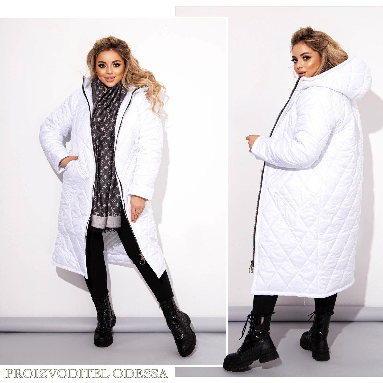 Женское теплое стеганное зимнее пальто на синтепоне прямого силуэта с капюшоном, батал большие размеры - фото 1 - id-p10516258