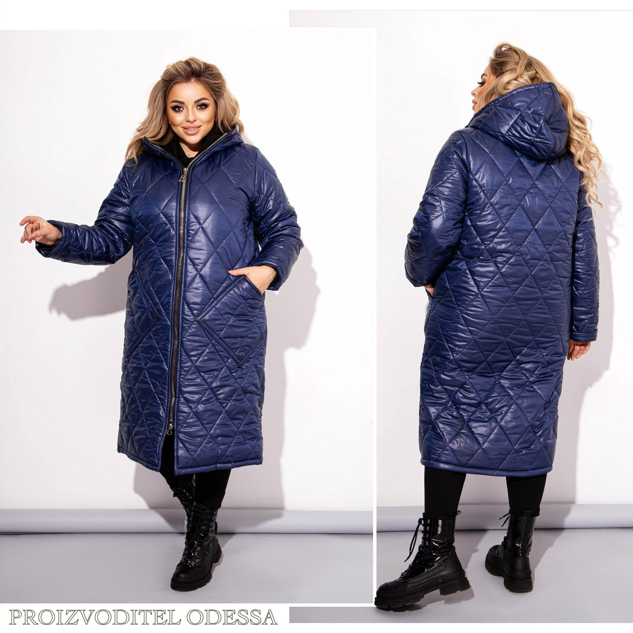 Женское теплое стеганное зимнее пальто на синтепоне прямого силуэта с капюшоном, батал большие размеры - фото 1 - id-p10516259
