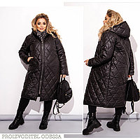 Женское теплое стеганное зимнее пальто на синтепоне прямого силуэта с капюшоном, батал большие размеры