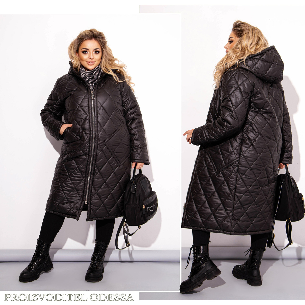 Женское теплое стеганное зимнее пальто на синтепоне прямого силуэта с капюшоном, батал большие размеры - фото 1 - id-p10516260
