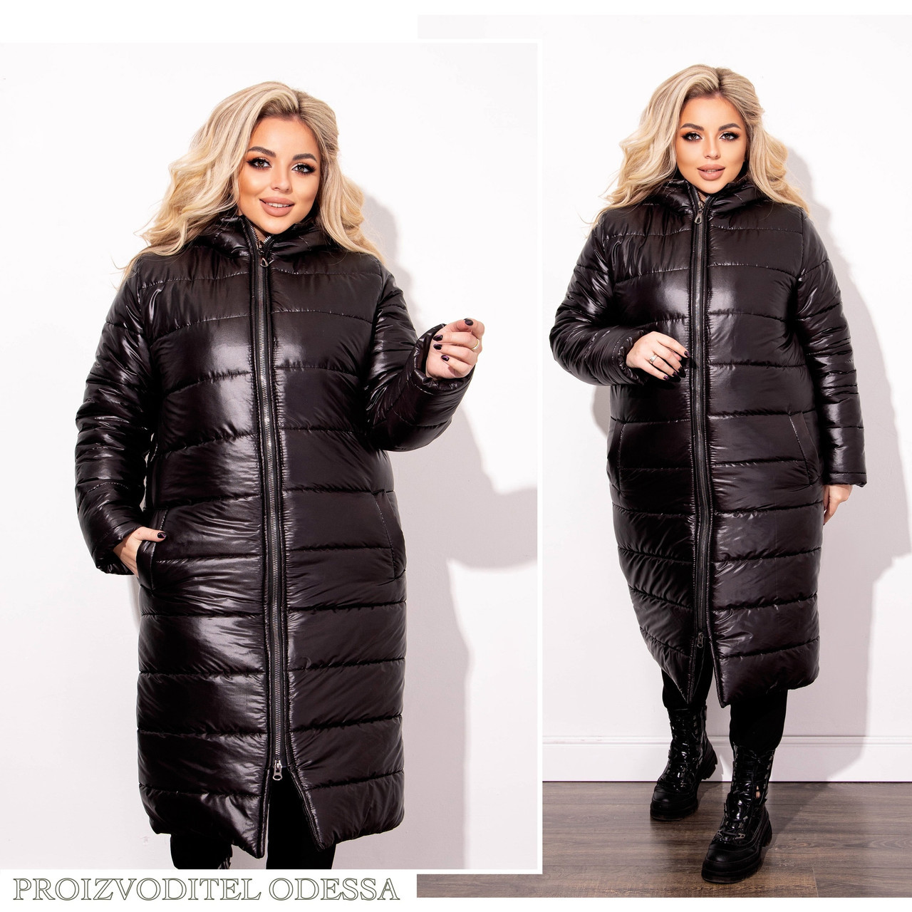 Женское теплое стеганное зимнее пальто на синтепоне прямого силуэта с капюшоном, батал большие размеры - фото 1 - id-p10516261