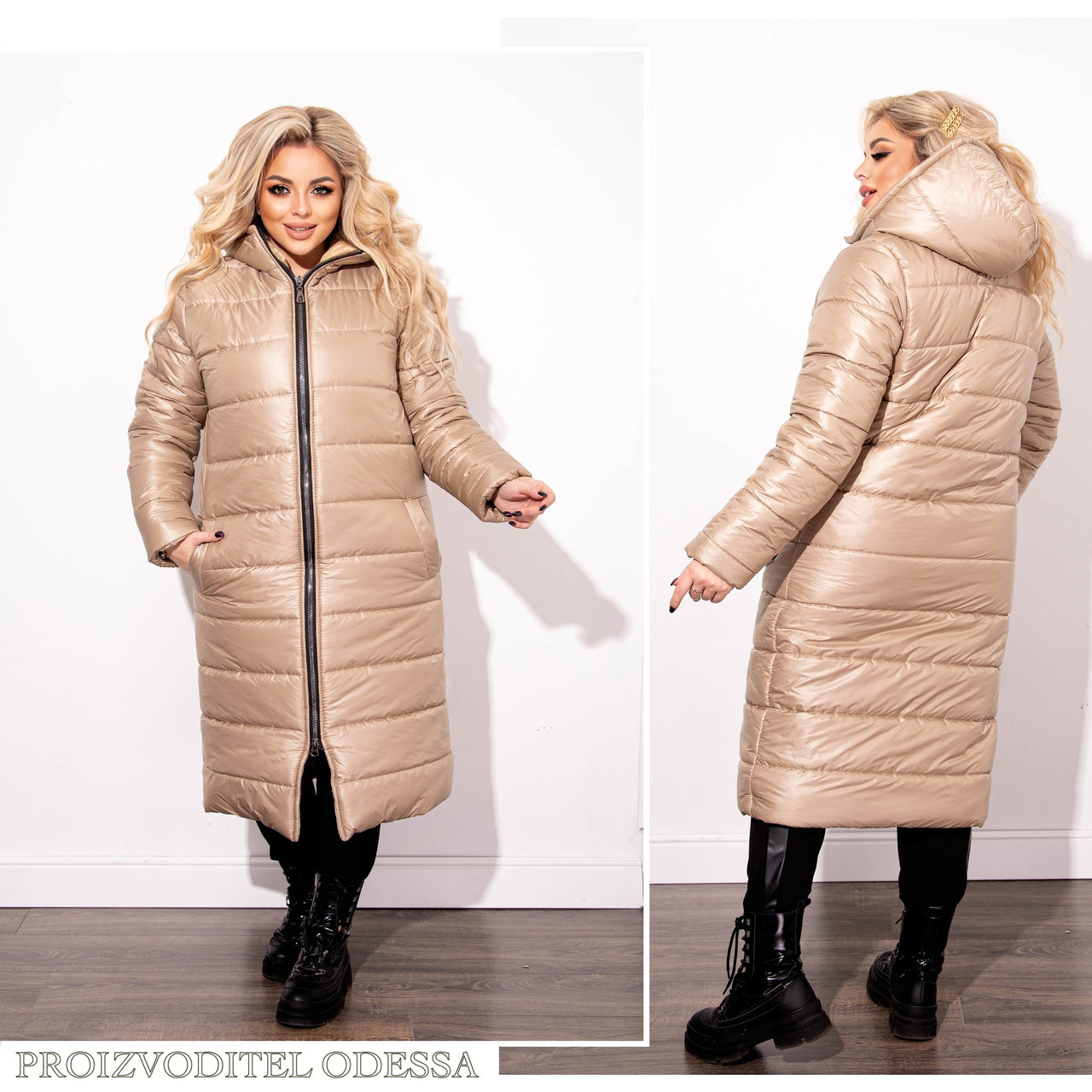 Женское теплое стеганное зимнее пальто на синтепоне прямого силуэта с капюшоном, батал большие размеры - фото 1 - id-p10516262
