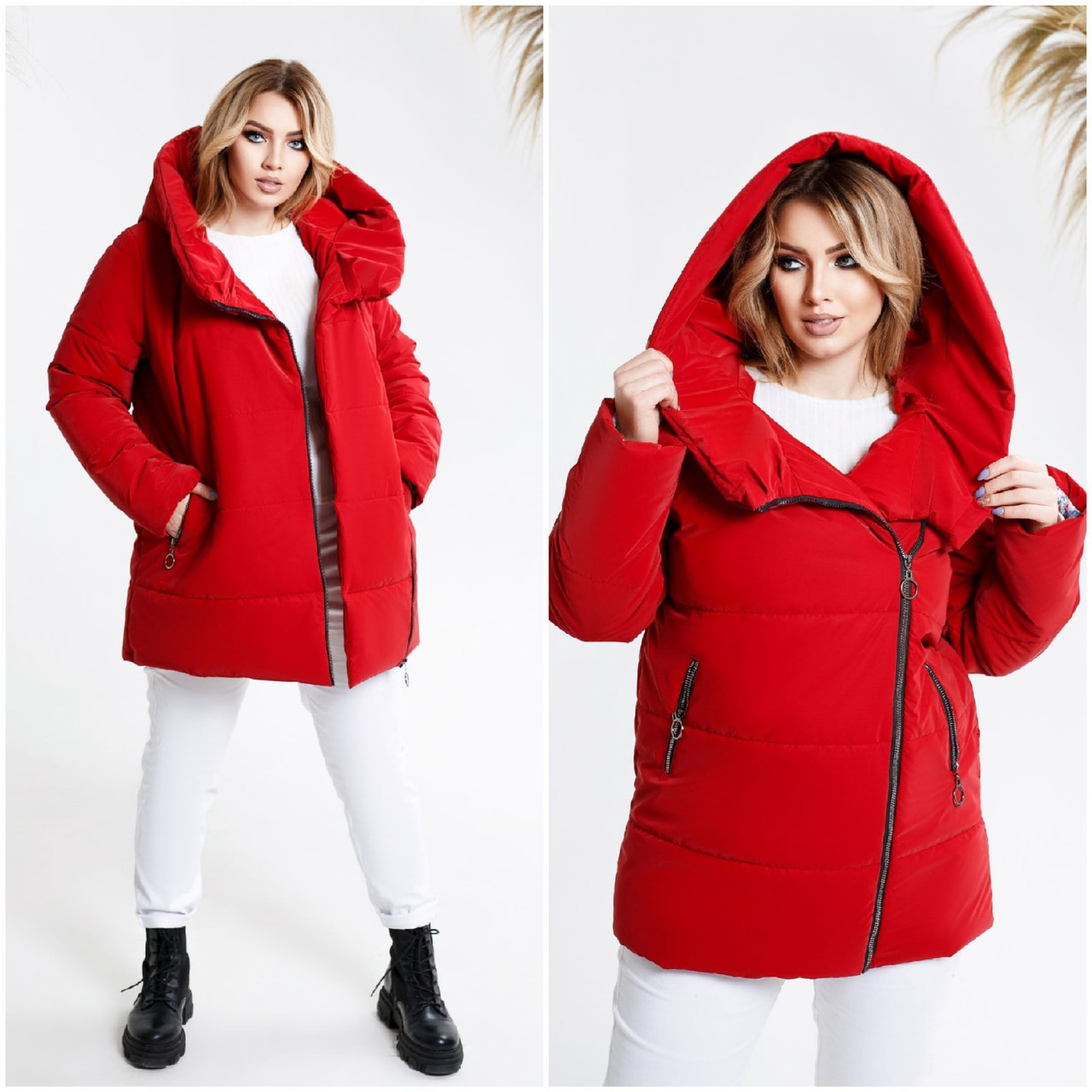 Женская теплая осенне-зимняя куртка на силиконе с объемным шалевым капюшоном, батал большие размеры - фото 1 - id-p10516586