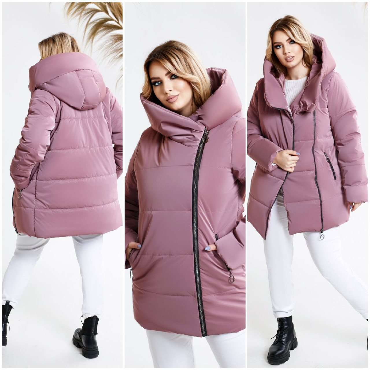 Женская теплая осенне-зимняя куртка на силиконе с объемным шалевым капюшоном, батал большие размеры - фото 1 - id-p10516591