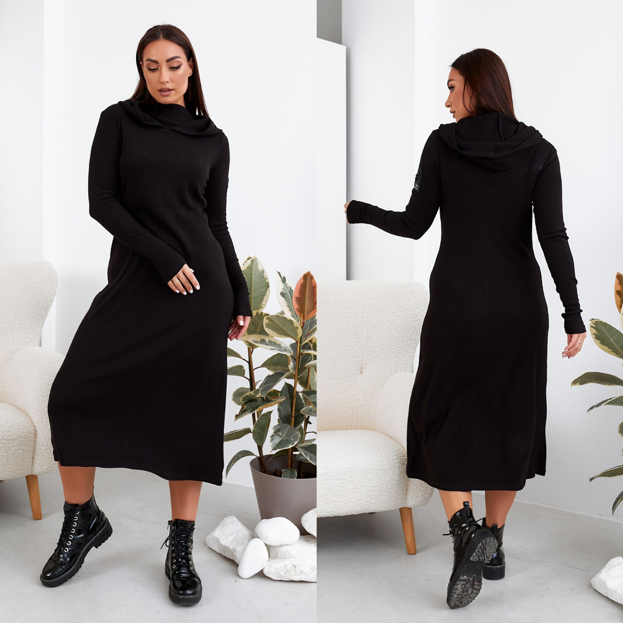 Стильное платье-миди в рубчик вязку с капюшоном-хомутом и рукавами перчаткой, батал большие размеры - фото 1 - id-p10516641