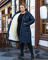 Женское стеганное осенне-зимнее пальто-куртка на синтепоне и овчине, батал большие размеры