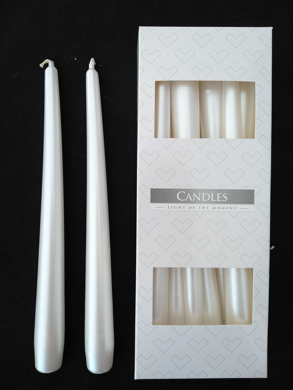 Свечи декоративные конусные перламутровые белые 1/10 шт 24 см - фото 1 - id-p10518708