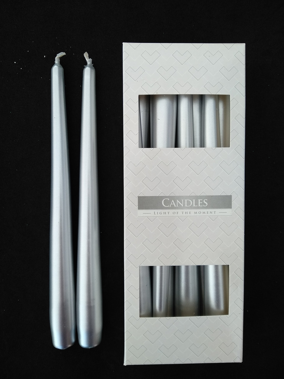 Свечи декоративные конусные перламутр серебро 1/10 шт 24 см - фото 1 - id-p10518710