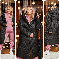 Женское теплое стеганное осенне-зимнее пальто на синтепоне прямого силуэта с капюшоном, батал большие размеры