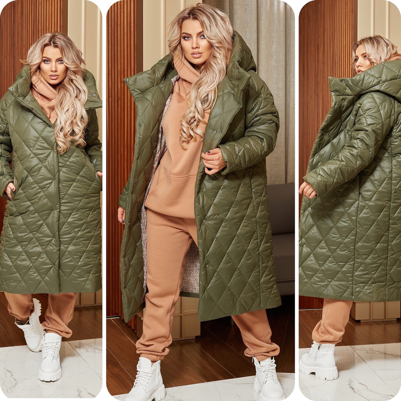 Женское теплое стеганное осенне-зимнее пальто на синтепоне прямого силуэта с капюшоном, батал большие размеры - фото 1 - id-p10519358